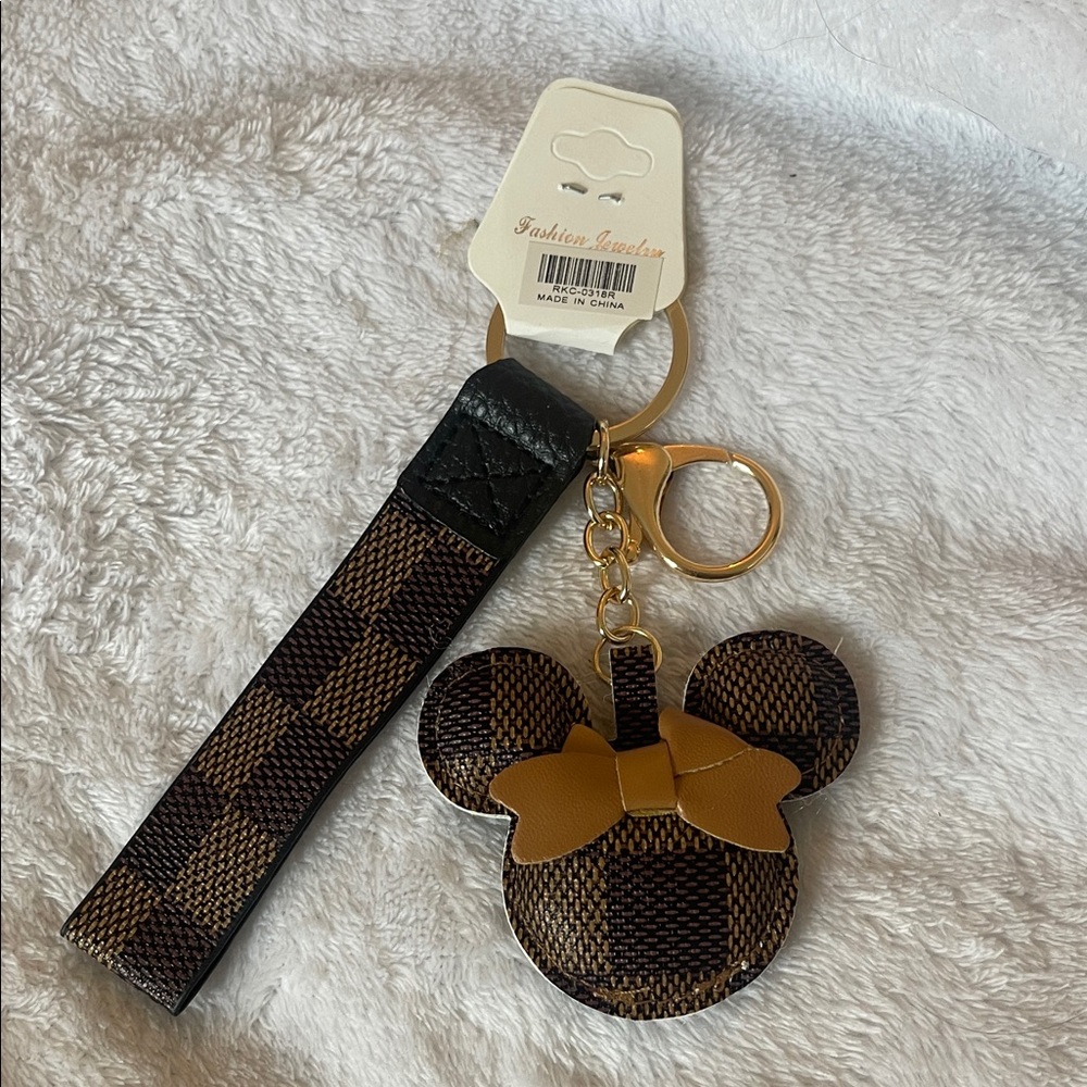 Minnie Mouse Checkered Brown with Gold luxury Keychain purse bag charm nwt